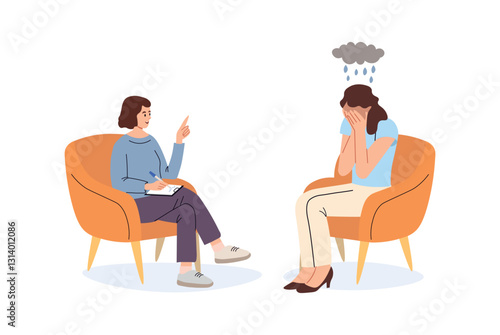 A woman cries at a psychologist's appointment. Psychological help.Reception at the psychologist. Conversation. A man with depression came to the psychologist for consultation. Flat vector illustration