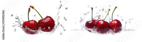juicy cherries splashing in water on transparent background