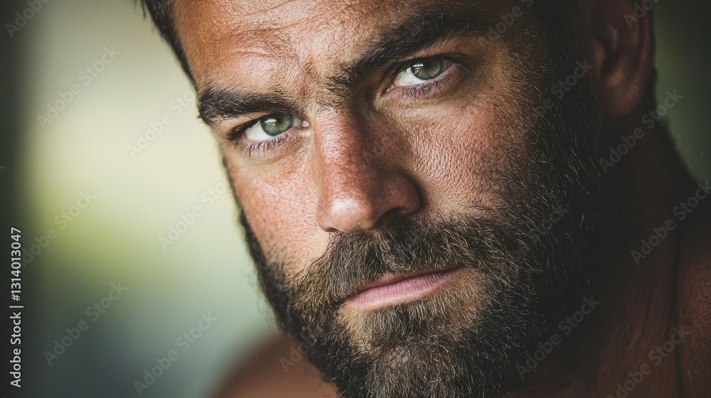 Close-up portrait of a man with a beard and intense gaze. Close-up portrait of a man with a beard and intense gaze.
