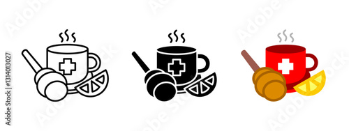 Medicinal tea icon. Herbal remedy with honey and lemon in a steaming cup. Natural hot drink for health and flu relief. Healing beverage vector pictogram for pharmacy, wellness or organic shop.