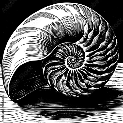 Intricate Nautilus Shell Illustration Detailed Black and White  Art