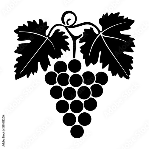 A black silhouette of a grapevine with a cluster of grapes and two large leaves, isolated on a white background. The vector-style design emphasizes contrast and simplicity.