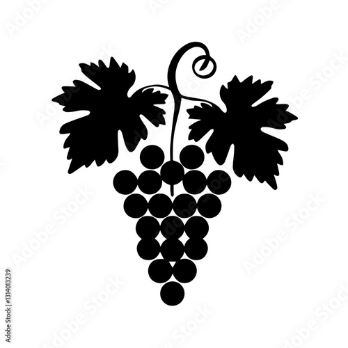 A black silhouette of a grapevine with a cluster of grapes and two large leaves, isolated on a white background. The vector-style design emphasizes contrast and simplicity.