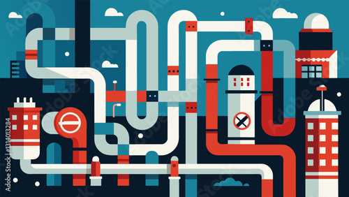 The maze of piping and tubes within the coking plant transports the valuable coke to its various processing areas.. Vector illustration