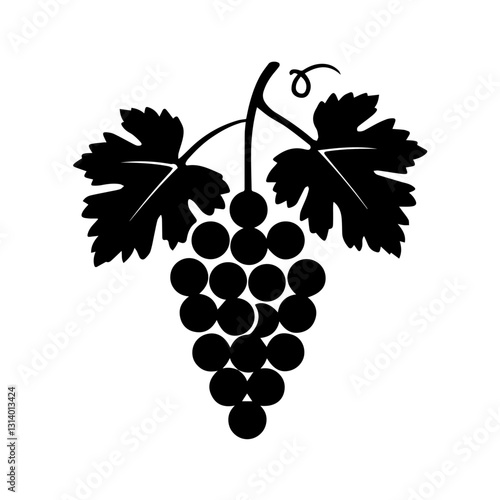A black silhouette of a grapevine with a cluster of grapes and two large leaves, isolated on a white background. The vector-style design emphasizes contrast and simplicity.