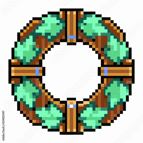 Pixel Art Wooden Shield with Green Gemstone Accents 8 Bit Style Illustration