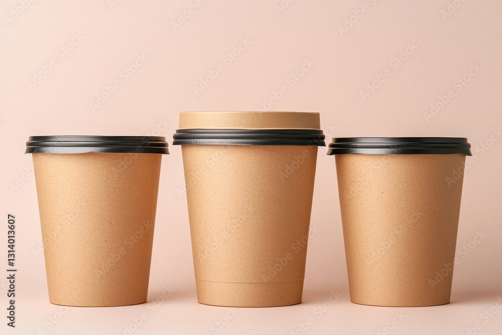 sustainable packaging design biodegradable trend, Three disposable coffee cups in varying sizes against a soft pink background. sustainable packaging design biodegradable trend, Three disposable coffee cups in varying sizes against a soft pink background.