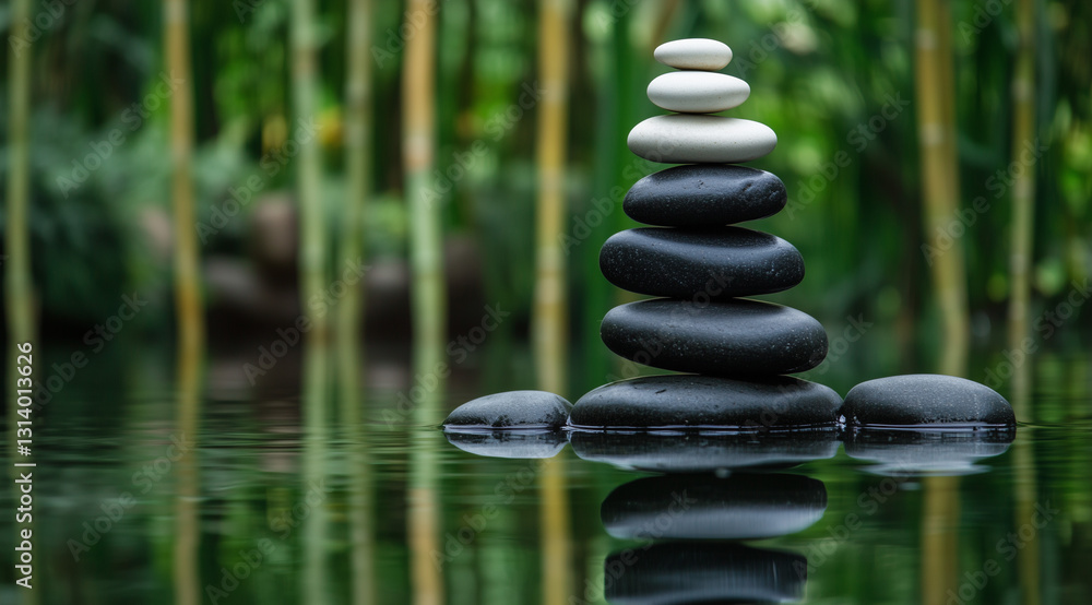 Fototapeta premium Serene Water Lily on Zen Balancing Stones in a Calm Pond
