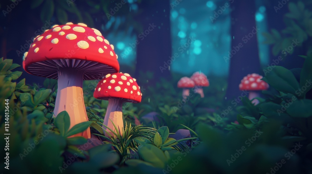 Fototapeta premium Enchanted Forest with Vibrant Red and White Mushrooms at Dusk
