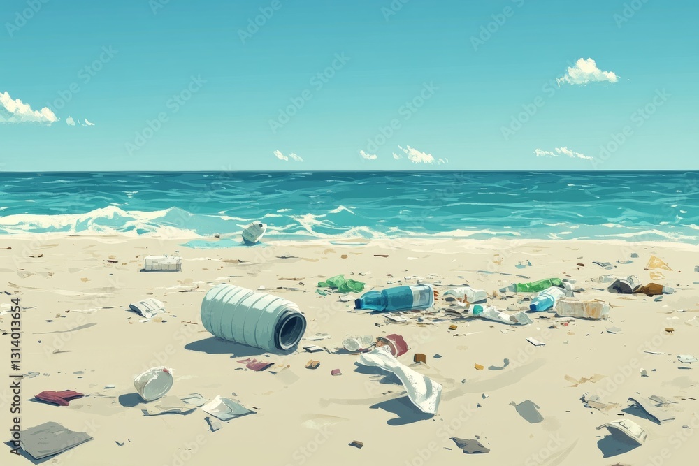 A scenic beach scene showcasing the issue of pollution with plastic waste scattered across the sand, highlighting environmental concerns and the impact on marine life. A scenic beach scene showcasing the issue of pollution with plastic waste scattered across the sand, highlighting environmental concerns and the impact on marine life.