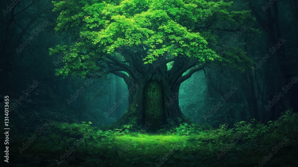 Fototapeta premium Mystical Tree with Ancient Door in Enchanted Forest Setting