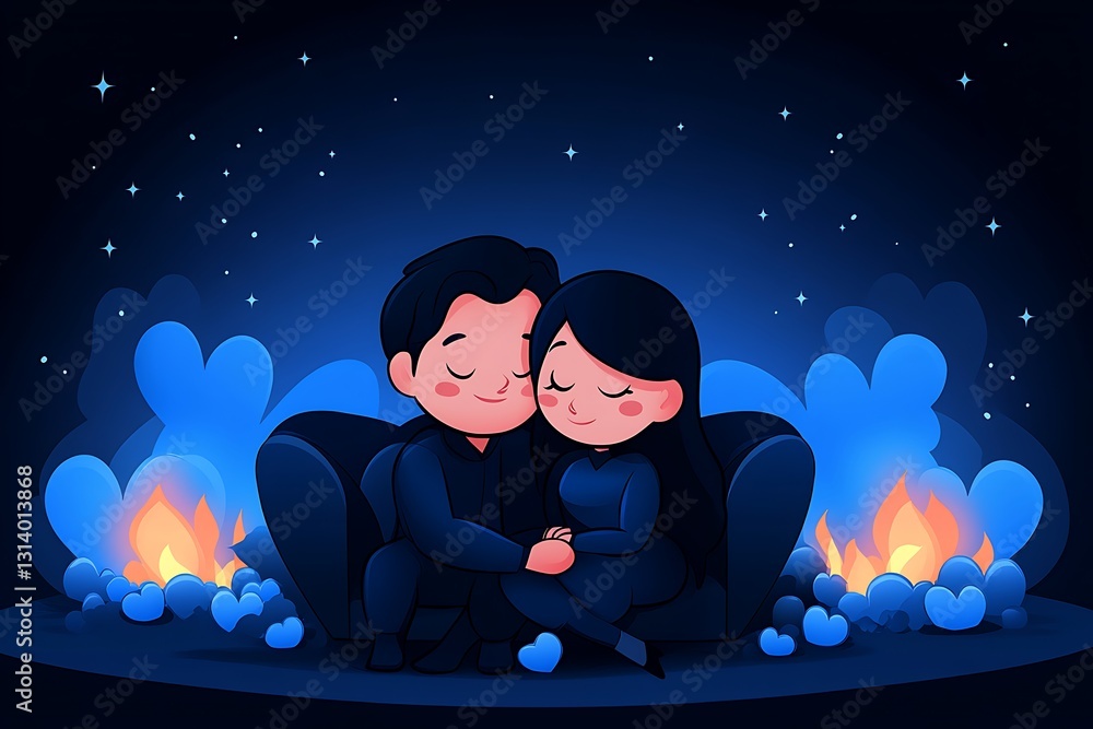 Obraz premium Animated couple embracing near a glowing campfire with starry background