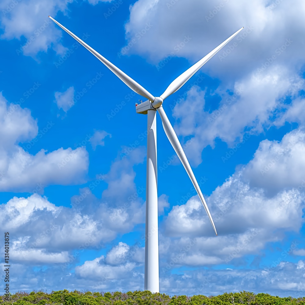 White Wind Turbine in a Blue Sky with Fluffy Clouds White Wind Turbine in a Blue Sky with Fluffy Clouds