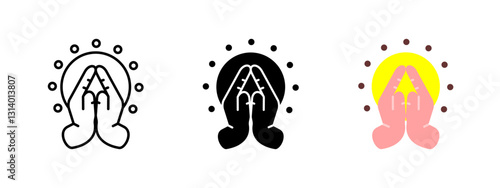 Meditation gesture icon. Prayer hands sign. Symbol of gratitude, spirituality and inner peace. Mindful energy and enlightenment pictogram. Used for yoga, healing, faith and sacred rituals.