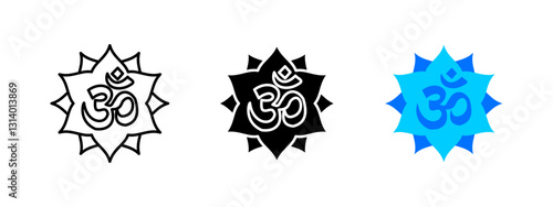 Om symbol icon. Sacred spiritual sign representing universal energy and enlightenment. Used in meditation, yoga and mindfulness practices. Hindu and Buddhist mantra pictogram for peace and balance.