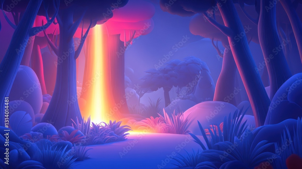 Fototapeta premium Glow pierces animated forest; trail amid plants, trees, with ethereal, foggy background