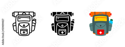 Hiking backpack icon. Outdoor adventure gear with compartments for essentials. Camping, trekking and travel equipment vector illustration. Symbol of exploration, survival and expedition preparedness.