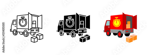 Express delivery truck icon. Fast shipping vehicle with open cargo area and parcels. Quick transportation and logistics services. Courier and freight vector illustration. Postal distribution concept.