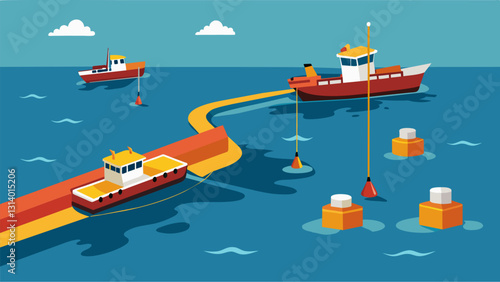 Boats equipped with boom barriers skimmers and dispersants creating a perimeter around the spill to prevent it from spreading further.. Vector illustration