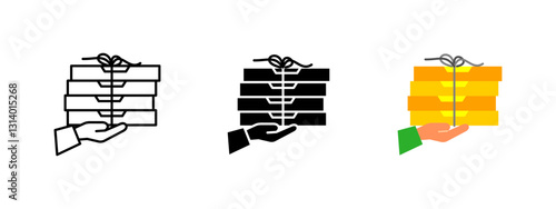 Pizza delivery icon. A hand holding a stack of pizza boxes tied together for takeaway orders. Fast food service and express delivery vector illustration. Online ordering and restaurant meal concept.
