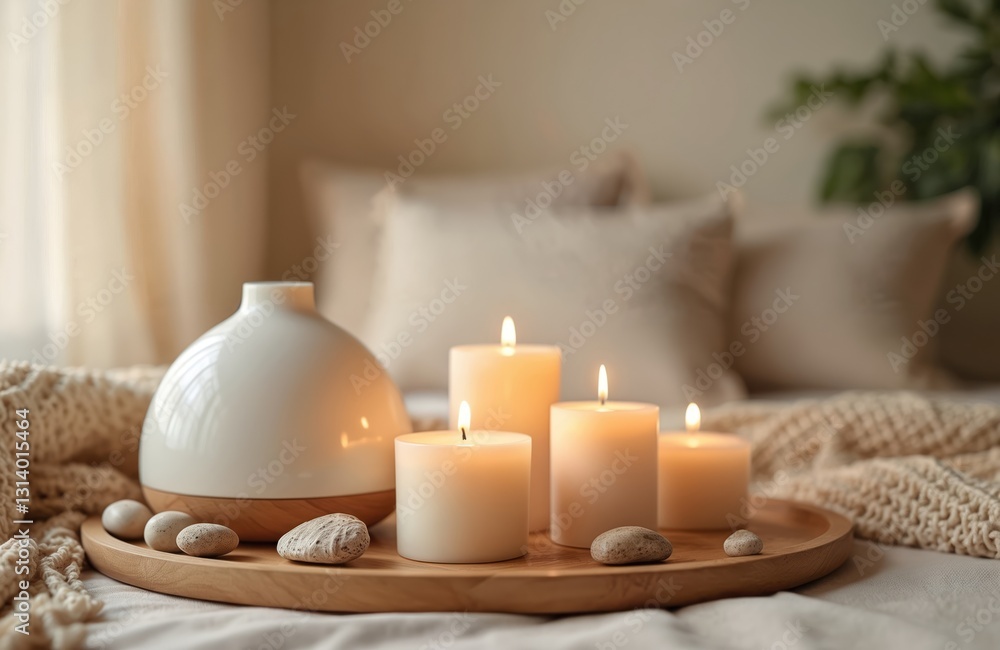 Cozy home atmosphere with aroma diffusor on wooden tray, burning candles. Relaxation zone in living bedroom. Diffuser provides sea breeze fragrance, essential oils. Stones as decor enhance Cozy home atmosphere with aroma diffusor on wooden tray, burning candles. Relaxation zone in living bedroom. Diffuser provides sea breeze fragrance, essential oils. Stones as decor enhance
