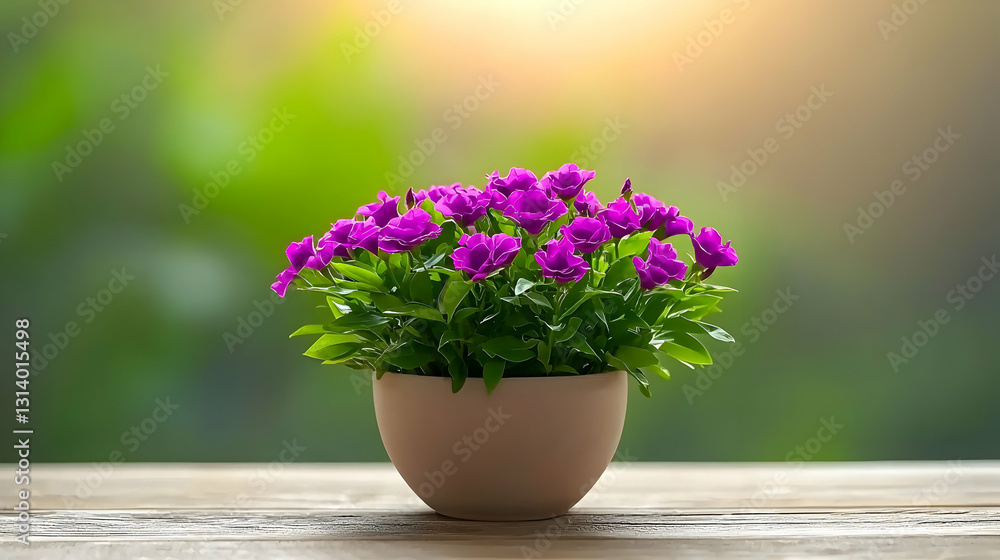 A small purple flowering plant sits in a decorative pot A small purple flowering plant sits in a decorative pot