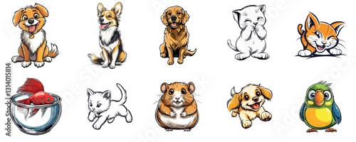 Cute Happy Pets Featuring Dogs Cats Fish Hamsters
