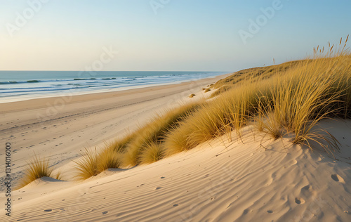 Fototapeta Naklejka Na Ścianę i Meble -  view, peaceful existence of sand dunes and lush beach grass by ocean, showcasing vibrant coastal plants, golden beaches, and interconnectedness of land and sea