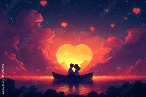 Two lovers romantically embrace on a small boat at sunset