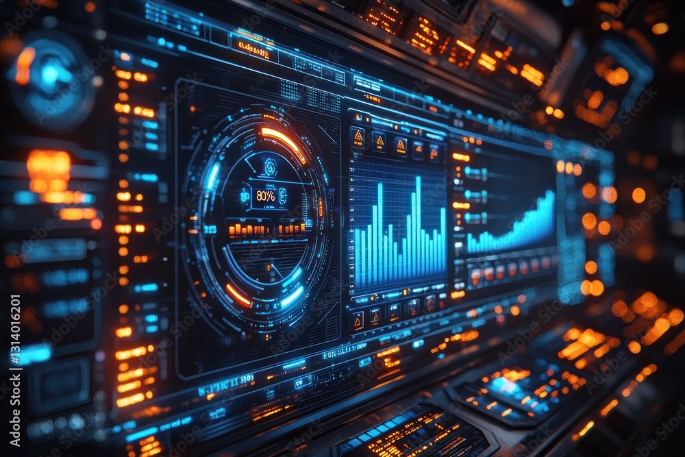 Futuristic control panel displays data analysis with glowing digital interface Futuristic control panel displays data analysis with glowing digital interface