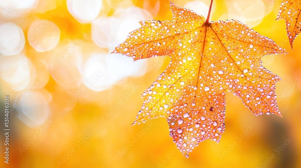 Dew-covered autumn maple leaf with blurred background. Dew-covered autumn maple leaf with blurred background.