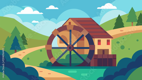 In the quiet countryside the peaceful sound of the waterwheel could be heard for miles a nostalgic reminder of simpler times.. Vector illustration