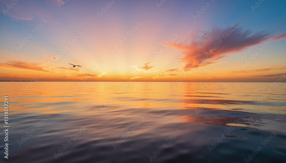 Lone seabird gliding over tranquil ocean at sunset, serene beauty Lone seabird gliding over tranquil ocean at sunset, serene beauty