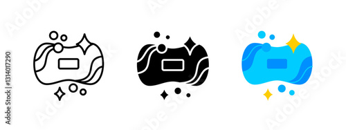 Loofah washcloth icon. A bath sponge with soap bubbles and sparkling clean effects. Personal hygiene and skincare vector illustration. Shower accessory for exfoliation and cleanliness.