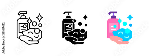 Personal hygiene icon. Hand washing with liquid soap and foam bubbles representing cleanliness and sanitation. Health and personal care vector illustration. Liquid soap dispenser and loofah pictogram.