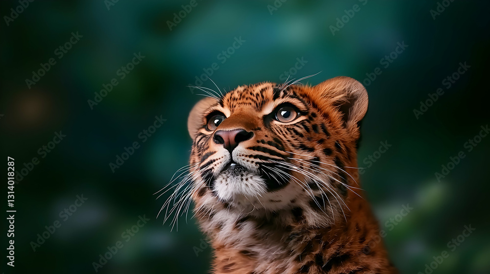 A young leopard looks upward against a blurred green background A young leopard looks upward against a blurred green background