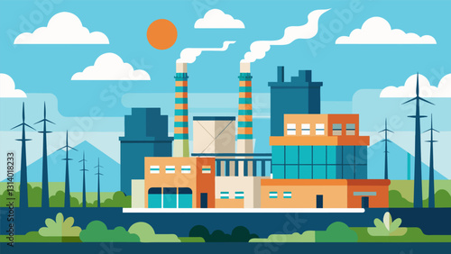 The natural gas power plant sits at the edge of the city its turbines providing a significant portion of the areas electricity needs.. Vector illustration
