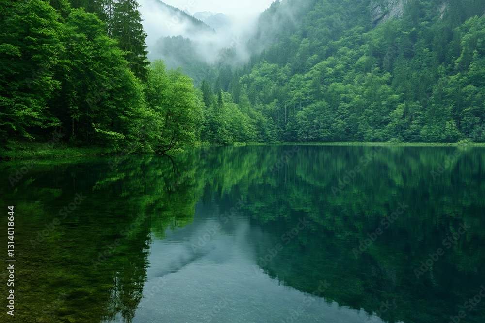 Naklejka premium Pristine lake reflecting lush green forest and misty mountains