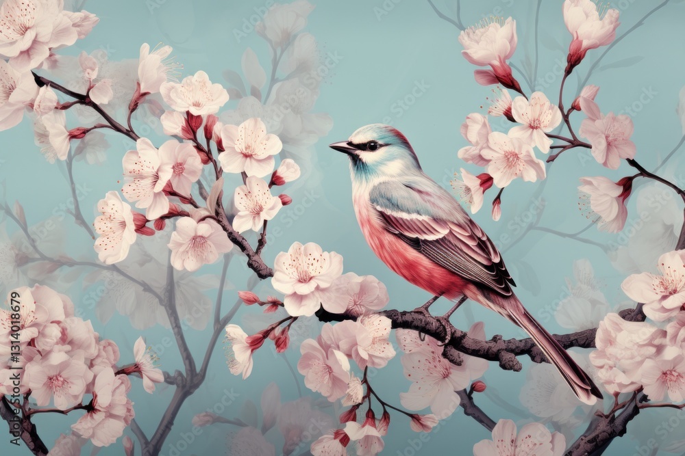 Fototapeta A Delicate Bird Perched on a Branch of Cherry Blossoms in a Soft Blue Sky