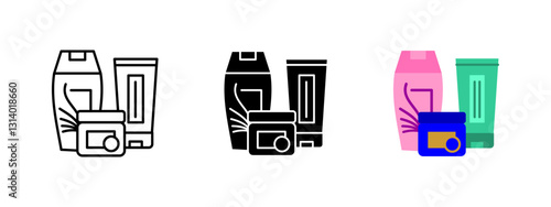 Cosmetic skincare products icon. Collection of beauty and hygiene items, including shampoo, conditioner and facial cream. Wellness and selfcare vector illustration. Hydration and antiaging concept.