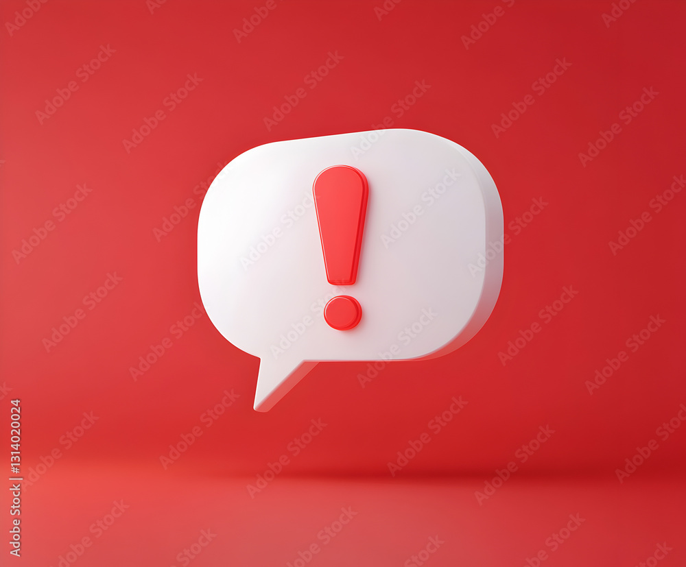 Attention Symbol with 3D Exclamation Mark in White Speech Bubble, Standing Out on a Bright Red Background for Notification Design Attention Symbol with 3D Exclamation Mark in White Speech Bubble, Standing Out on a Bright Red Background for Notification Design