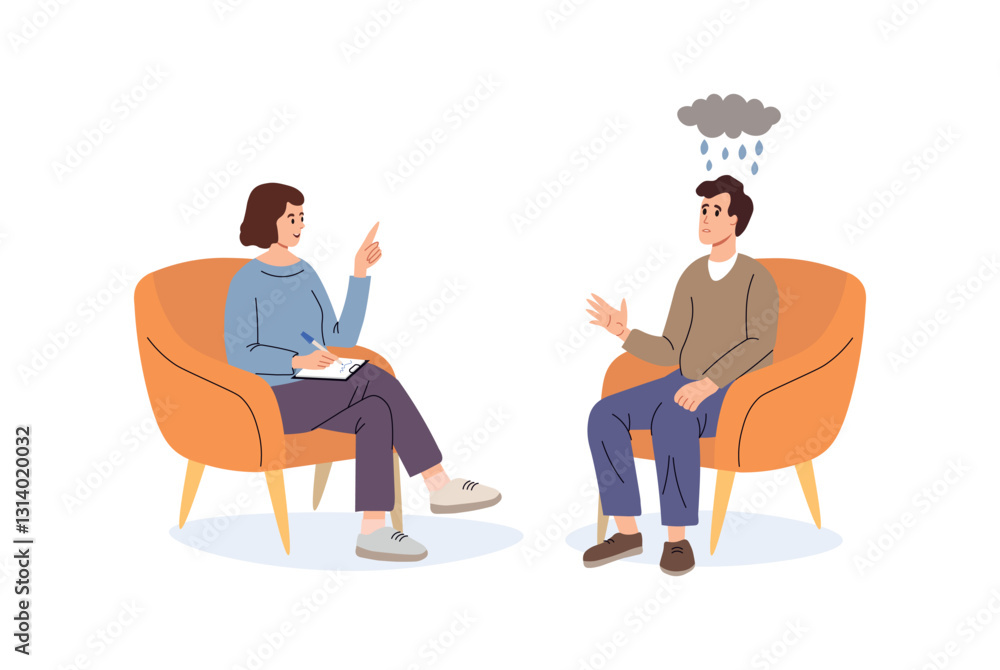 Reception at the psychologist. Conversation. A man with depression came to the psychologist for consultation. Flat vector illustration Reception at the psychologist. Conversation. A man with depression came to the psychologist for consultation. Flat vector illustration