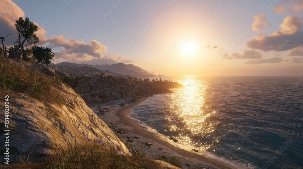 Obraz premium Sunset over a secluded coastal cove, cliffs, beach, and golden light.