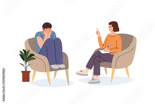 A man cries at a psychologist's appointment. Psychological help.Reception at the psychologist. Conversation. A man with depression came to the psychologist for consultation. Flat vector illustration