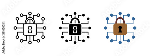 Digital network security icon. Cyber protection symbol with a padlock and circuit connections. Encryption, privacy and data safety in online systems. Cybersecurity and secure access concept.