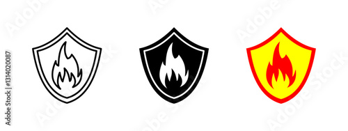 Fire protection shield icon. Safety emblem with a flame symbol representing fire prevention and security. Concept of heat resistance, hazard control and emergency sign.