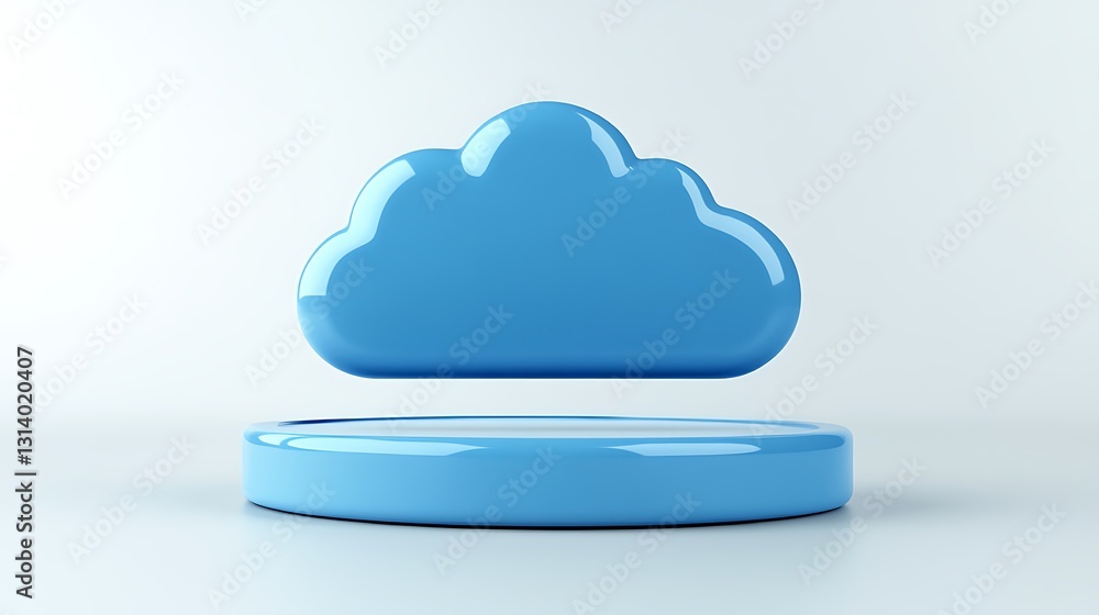 Bright Blue Cloud Icon Floating Above a Glossy Circular Base on a Minimalist Background