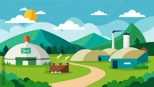 An ecofriendly biogas plant located in a verdant valley powered by ane gas produced from livestock waste and crop residue.. Vector illustration