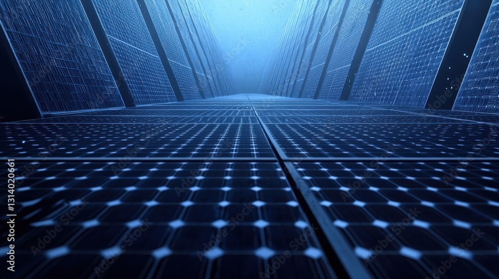 Naklejka premium Futuristic Perspective of a Grid Underwater with Light Reflections