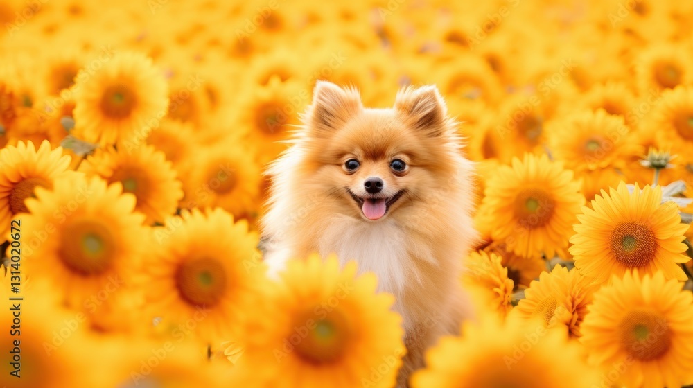 Obraz premium A Happy Pomeranian Dog in a Field of Vibrant Yellow Sunflowers